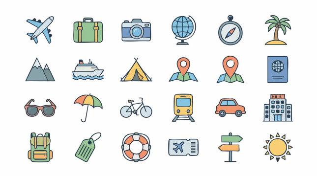 Collection of colorful flat design travel and vacation icons