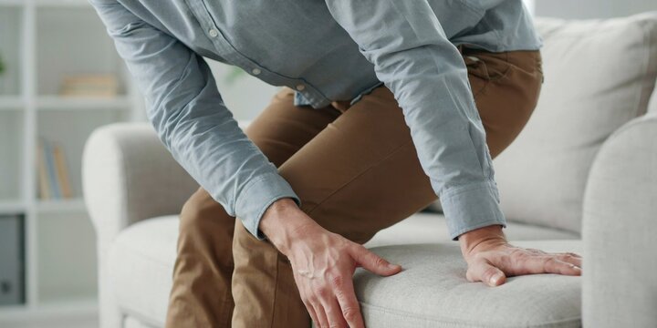 Man sitting on couch trying to stand up with physical pain and back stiffness.