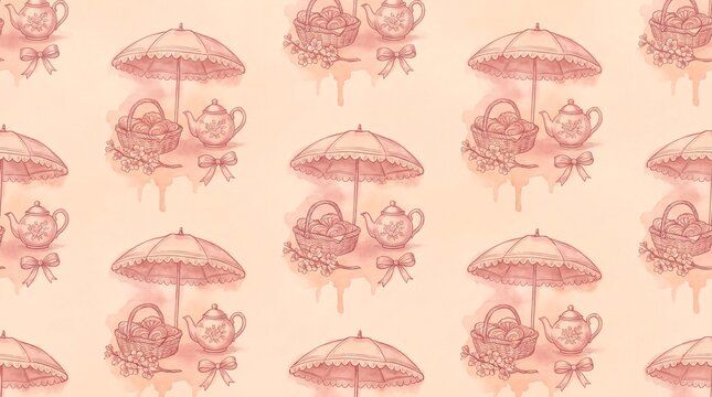 Watercolor seamless pattern with vintage picnic baskets teapots and parasols in pink monochrome style