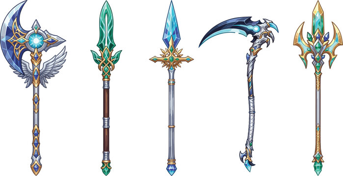 Set of fantasy weapon icons including magical axe spear scythe and halberd isolated on white background