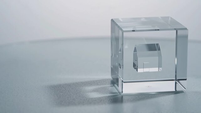 Abstract glass cube house shape with clear crystal reflection, minimal still life on gray surface, clean studio light