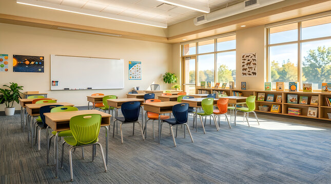 empty classroom, modern school interior, educational space, colorful furniture Back to school