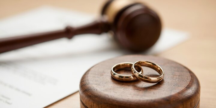 Wedding rings on gavel and legal document symbolizing divorce or legal separation.
