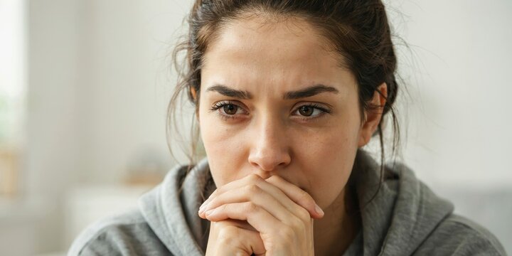 Close up face of concerned young woman with hands on chin, sad girl thinking and feeling anxious.