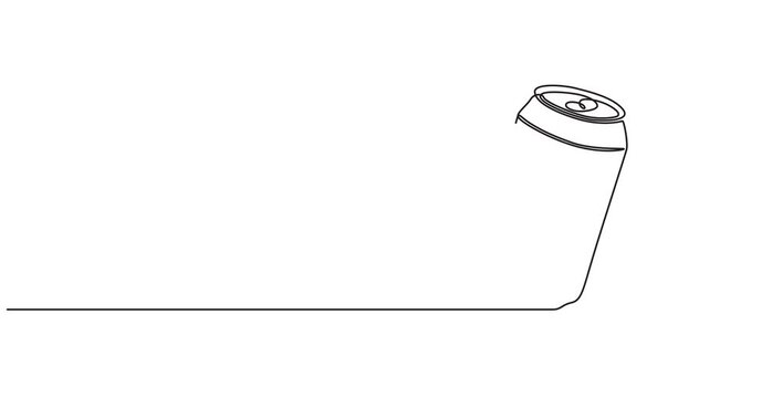 Animated self drawing of single continuous line draw stylized soft drink on aluminium can logo label. Emblem drink store concept. Full length one line animation for cafe, shop or food delivery service