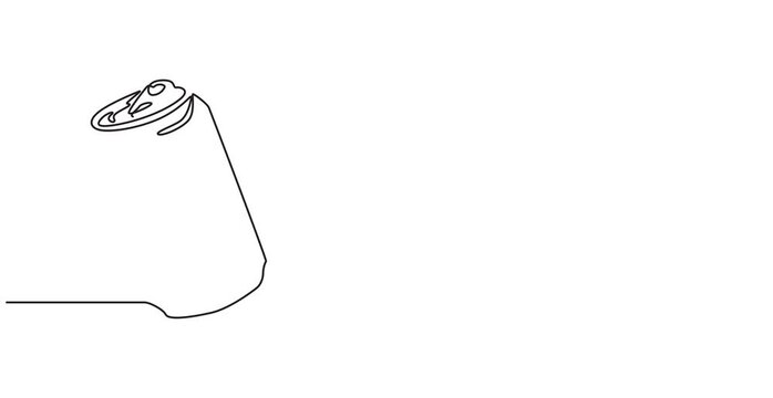 Animated self drawing of single continuous line draw stylized soft drink on aluminium can logo label. Emblem drink store concept. Full length one line animation for cafe, shop or food delivery service