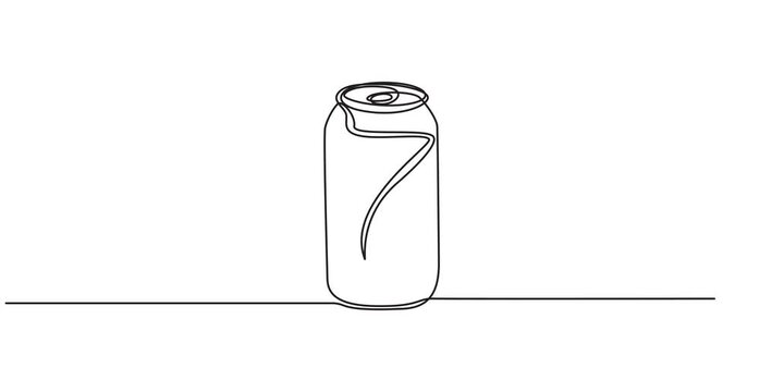 Animated self drawing of single continuous line draw stylized soft drink on aluminium can logo label. Emblem drink store concept. Full length one line animation for cafe, shop or food delivery service