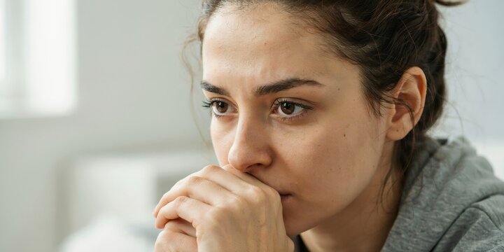 Close up face of concerned young woman with hands on chin, sad girl thinking and feeling anxious.