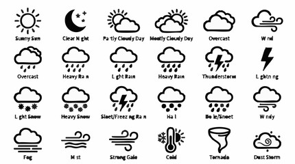 Naklejka premium Weather forecast icons set with various climate conditions symbols