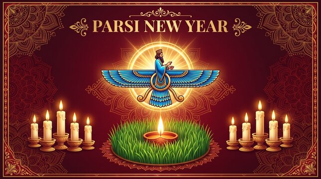 Sacred Parsi New Year celebration with Faravahar and eternal fire for festive greeting