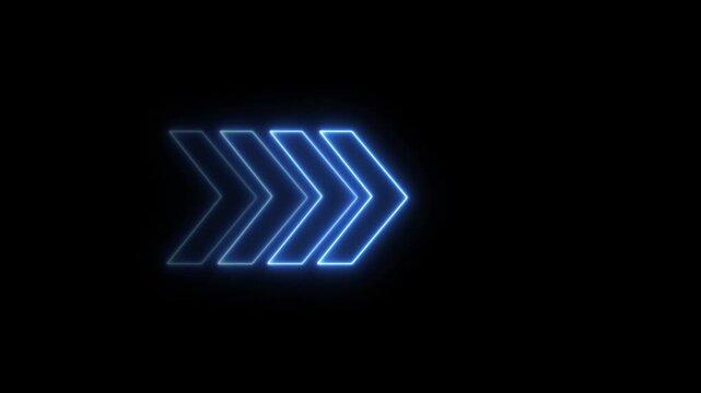 Glowing neon blue chevron arrow loop animation. Seamless looping animation of glowing neon blue arrow moving to the right.