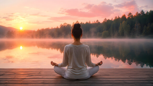 Woman meditating at peaceful lake during golden hour sunrise
