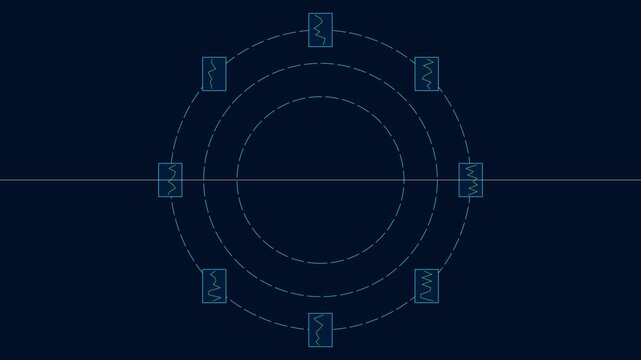 Digital data orbit animation with rotating financial graphs and circular hud interface 4k