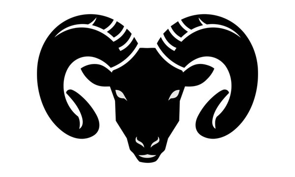Minimalist black silhouette of a majestic ram head with large spiraling horns, isolated on a white background. Symbolic animal icon