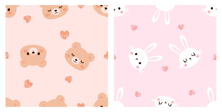 Cute seamless animal pattern collection featuring adorable teddy bear and bunny faces with tiny hearts in hand drawn flat vector style for fabric, wrapping paper, nursery decor, baby products.