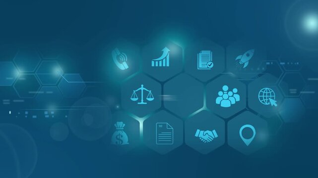 Digital business talent and corporate strategy infographic with hexagonal network background technology