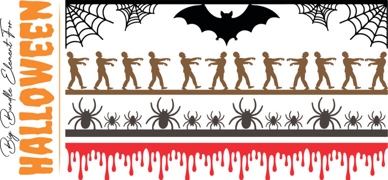 Halloween horror border layout and silhouette elements vector set. Spooky multi-layer design featuring corner spider webs, a giant flying bat, walking zombies, crawling spiders, and red dripping blood