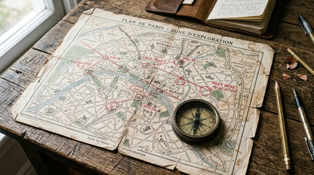 Vintage map of Paris with brass compass on rustic wooden table