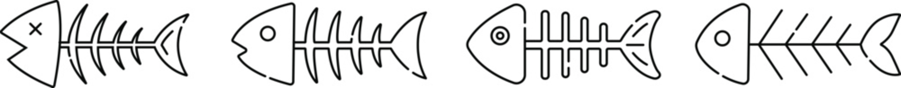 Fish Bone Icons Set Vector, Fish Skeleton, Seafood Symbol and Marine Life Line Art Collection
