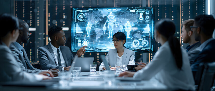 Conference room with a large display showing a human anatomical scan in blue tones body map business meeting data analysis