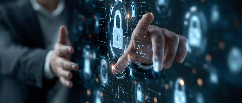 Man interacting with digital padlock interface cybersecurity concept in dark blue tones access authorization biometric block code communication computer control