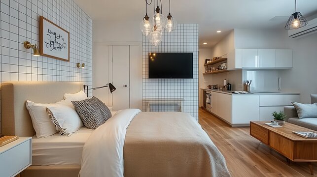Modern studio apartment with a bed,kitchen,and living area