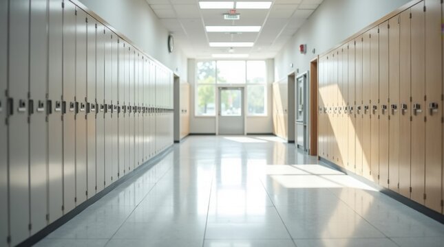 Pasillo escolar limpio con filas de taquillas modernas y abundante luz natural; arquitectura minimalista