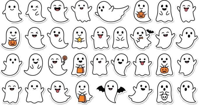 Cute halloween ghost bundle kawaii stickers emoticons and clip art for spooky season designs
