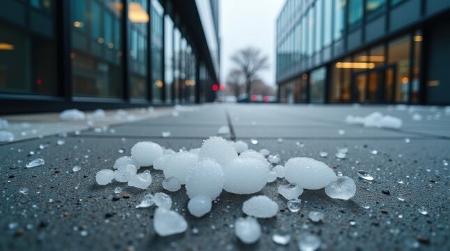 Grandes piedras de granizo cubriendo una acera de hormig&oacute;n moderna frente a edificios de oficinas