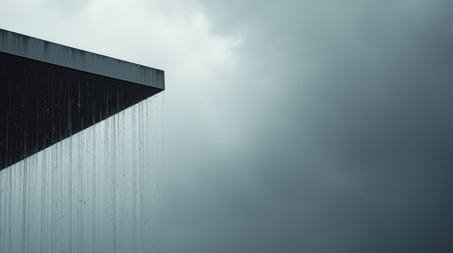 Primer plano arquitect&oacute;nico de la lluvia cayendo en cascada desde el borde del tejado de un edificio contempor&aacute;neo