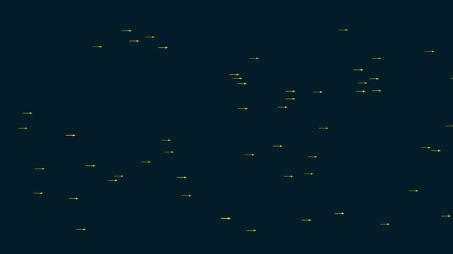 Minimalist abstract animation 4k background, with floating yellow, arrows moving across, dark blue space