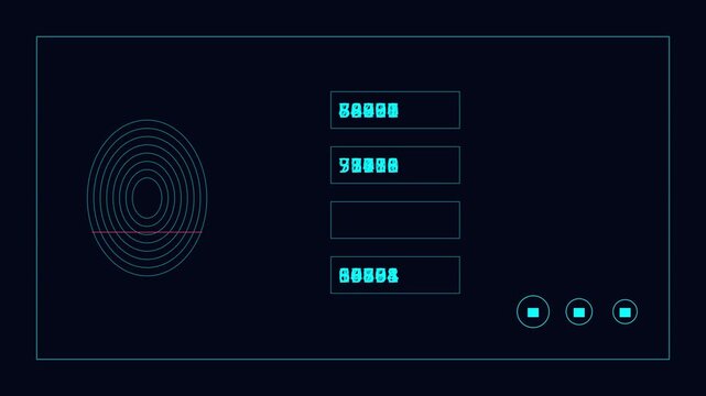 Futuristic biometric fingerprint scanner interface with digital data processing and hud animation 4k