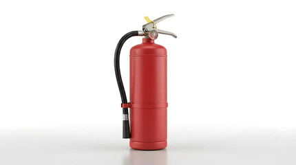 Obraz premium Red fire extinguisher with black hose and metal handle isolated on a plain white background