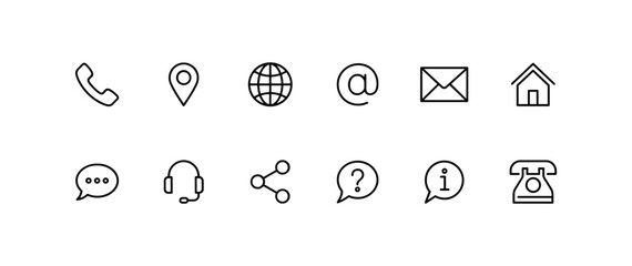 Contact Information Icons: A set of clean, minimalist line icons representing various methods of communication and contact, including phone, location, globe, email, and chat. © Itz Buddha 