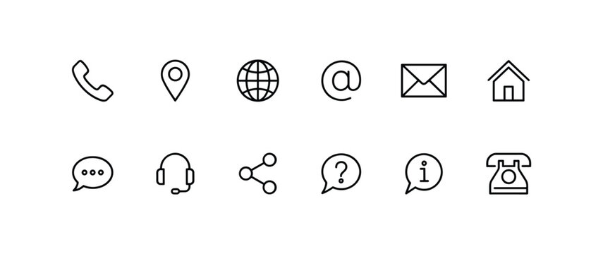 Contact Information Icons: A set of clean, minimalist line icons representing various methods of communication and contact, including phone, location, globe, email, and chat.