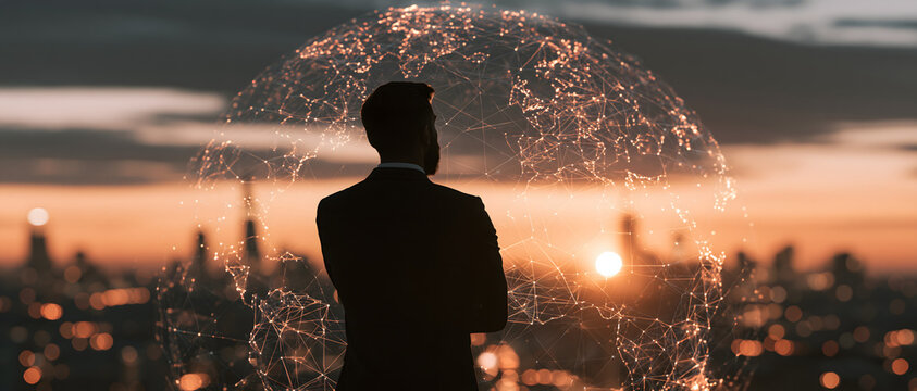 Man overlooking a city skyline with a glowing network globe a scenic photo business cityscape connection corporate data digital horizon