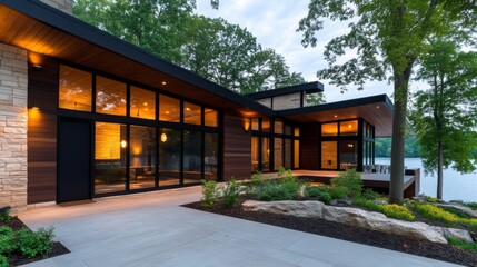 Fototapeta premium Modern lakefront villa, stone and wood exterior with floor-to-ceiling windows, evening architectural lighting, lush landscaping and rocky terrain, tranquil forest and water view.