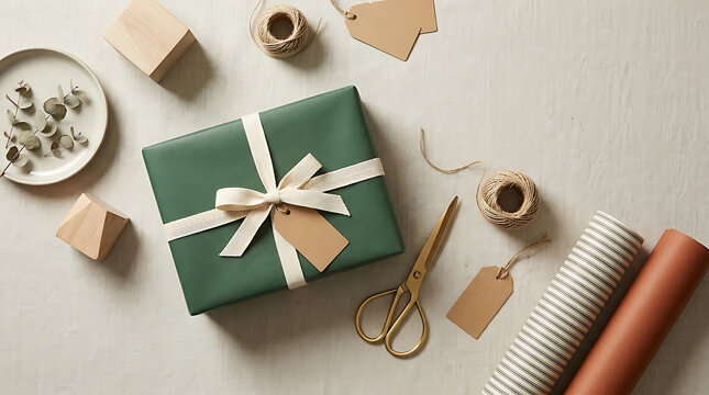 Wrapped gift box with green paper and cream ribbon on a table with scissors and wrapping paper