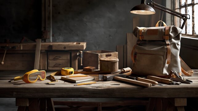 Construction workers safety gear and tools on a wooden workbench , back to school photo