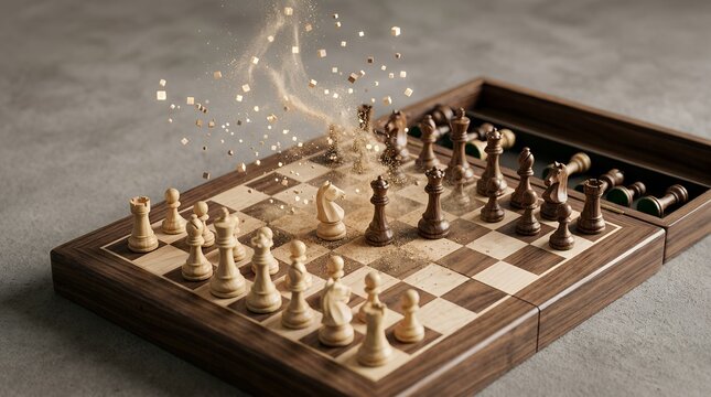 Wooden chess set with carved pieces, dramatic chess strategy concept