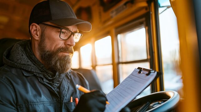 Man in a bus cabin writing on a clipboard , back to school photo