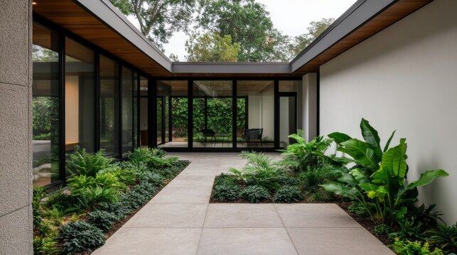 Modern minimalist house courtyard featuring a tiled stone path flanked by lush tropical foliage and large floor-to-ceiling glass windows, architectural design, modern landscape