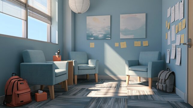 Cozy modern therapy office interior with armchairs and natural lighting , back to school photo