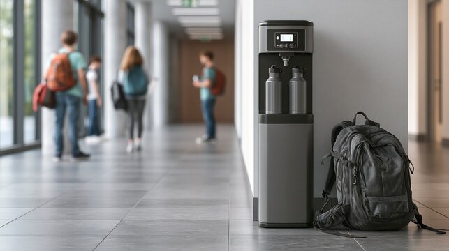 Water cooler in a school hallway with students in the background , back to school photo