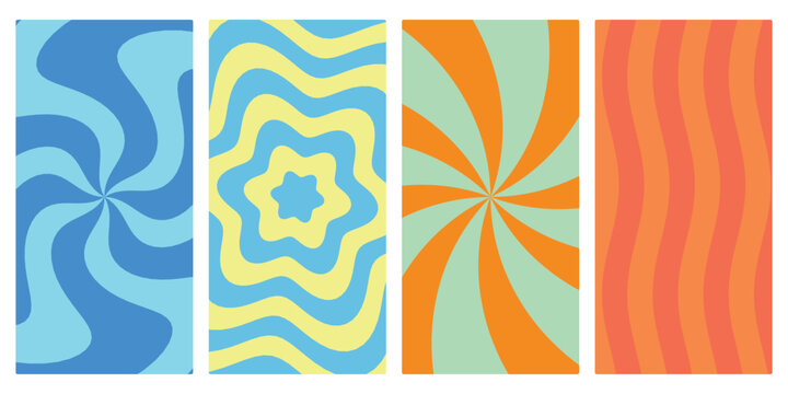 Retro groovy wavy backgrounds with vibrant psychedelic patterns in blue, yellow, orange, and red color palette