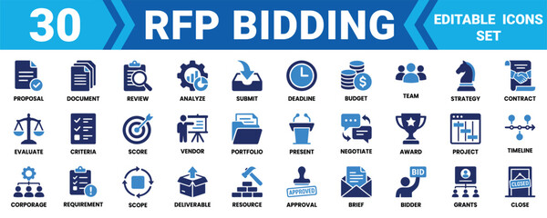 Set of 30 business icons for rfp bidding process and project management in blue and black style Minimal solid fill icon set bundle collection. Editable Vector Illustration Mega pack © SIMUL