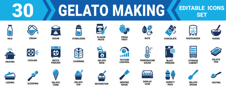 Set of thirty flat vector icons for gelato making process including ingredients equipment and serving tools Minimal solid fill icon set bundle collection. Editable Vector Illustration Mega pack