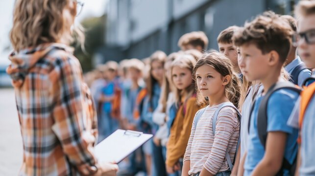 A young schoolgirl holding a clipboard in a line of students , back to school photo