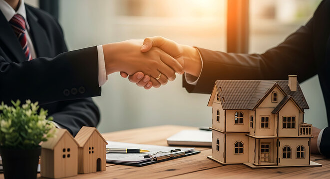 Real estate agent shaking hands with client after signing property mortgage contract