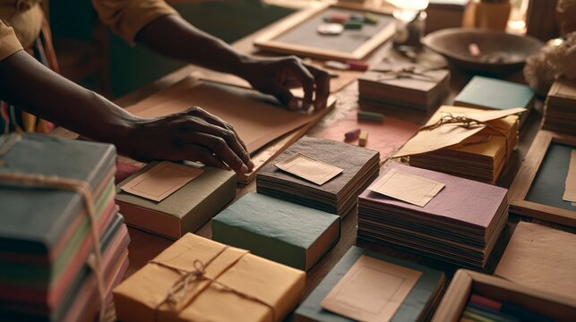 Hands crafting handmade paper books and stationery on a wooden table , back to school photo